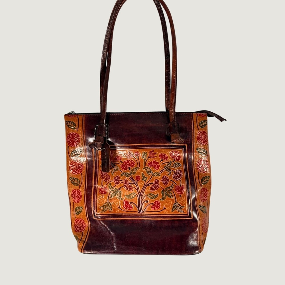 Great American Leather Works Floral Tooled Cowhide Leather Tote Bag Brown Tan